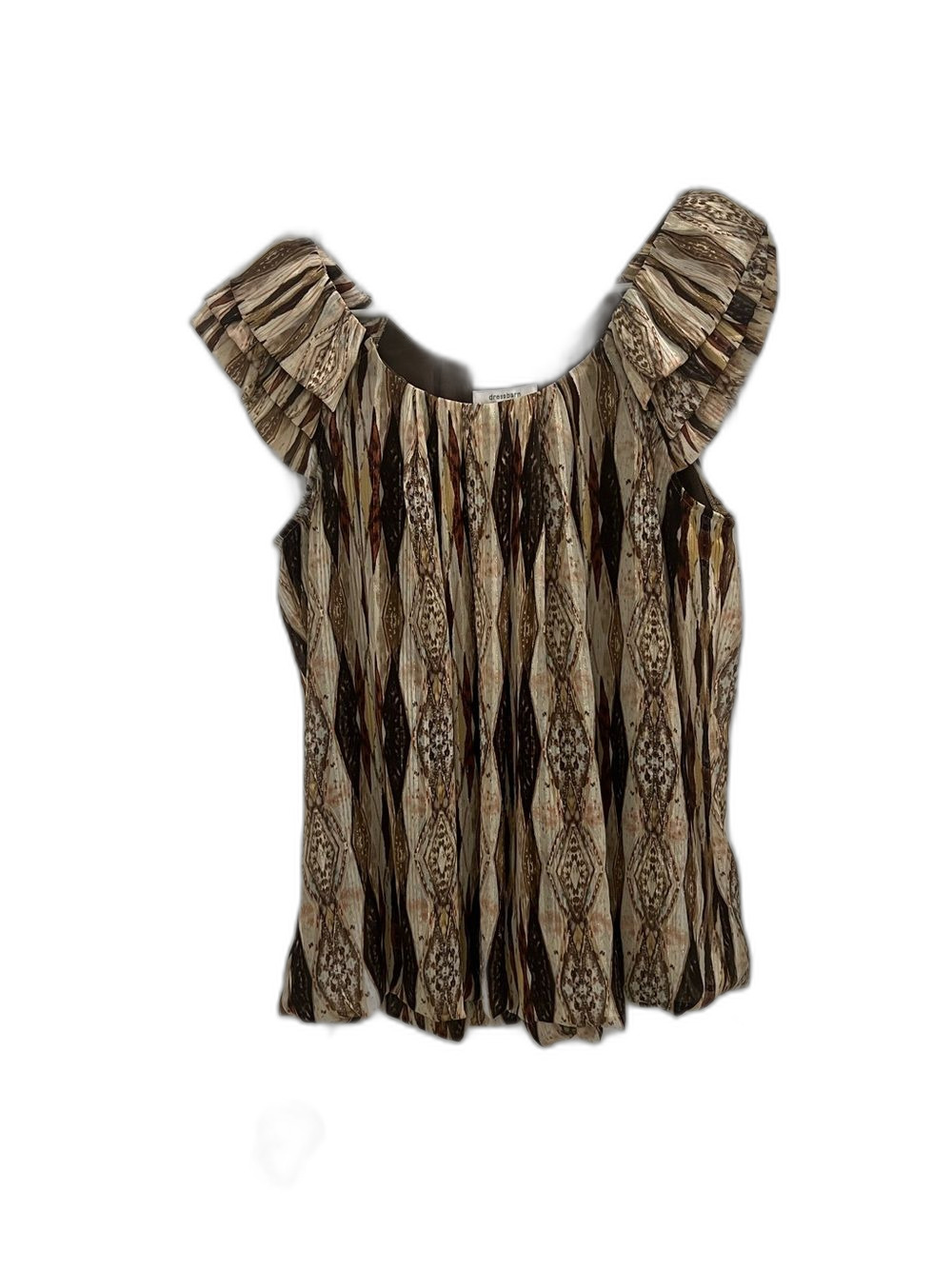 Dressbarn Women’s L Ruffled Neck Sleeveless Blouse Top Brown Abstract Print